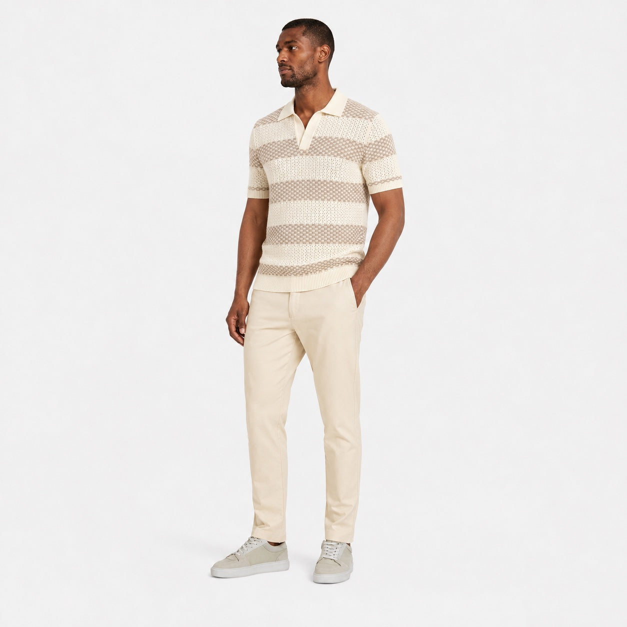 Men's Striped Open-Knit Polo Shirt Short Sleeve Regular Fit - Apricot
