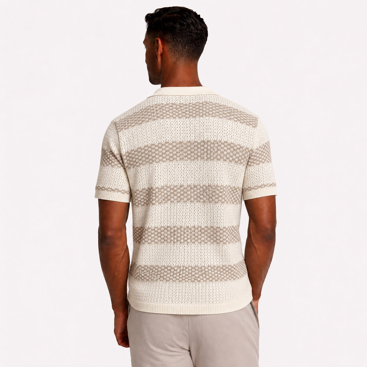 Men's Striped Open-Knit Polo Shirt Short Sleeve Regular Fit - Apricot