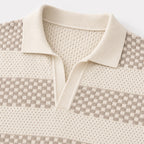 Men's Striped Open-Knit Polo Shirt Short Sleeve Regular Fit - Apricot