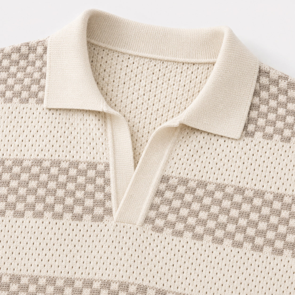 Men's Striped Open-Knit Polo Shirt Short Sleeve Regular Fit - Apricot