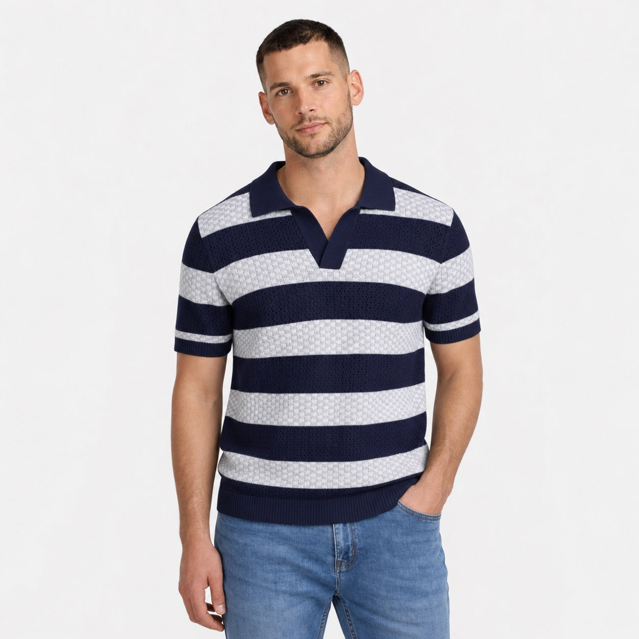 Men's Striped Open-Knit Polo Shirt Short Sleeve Regular Fit - Blue