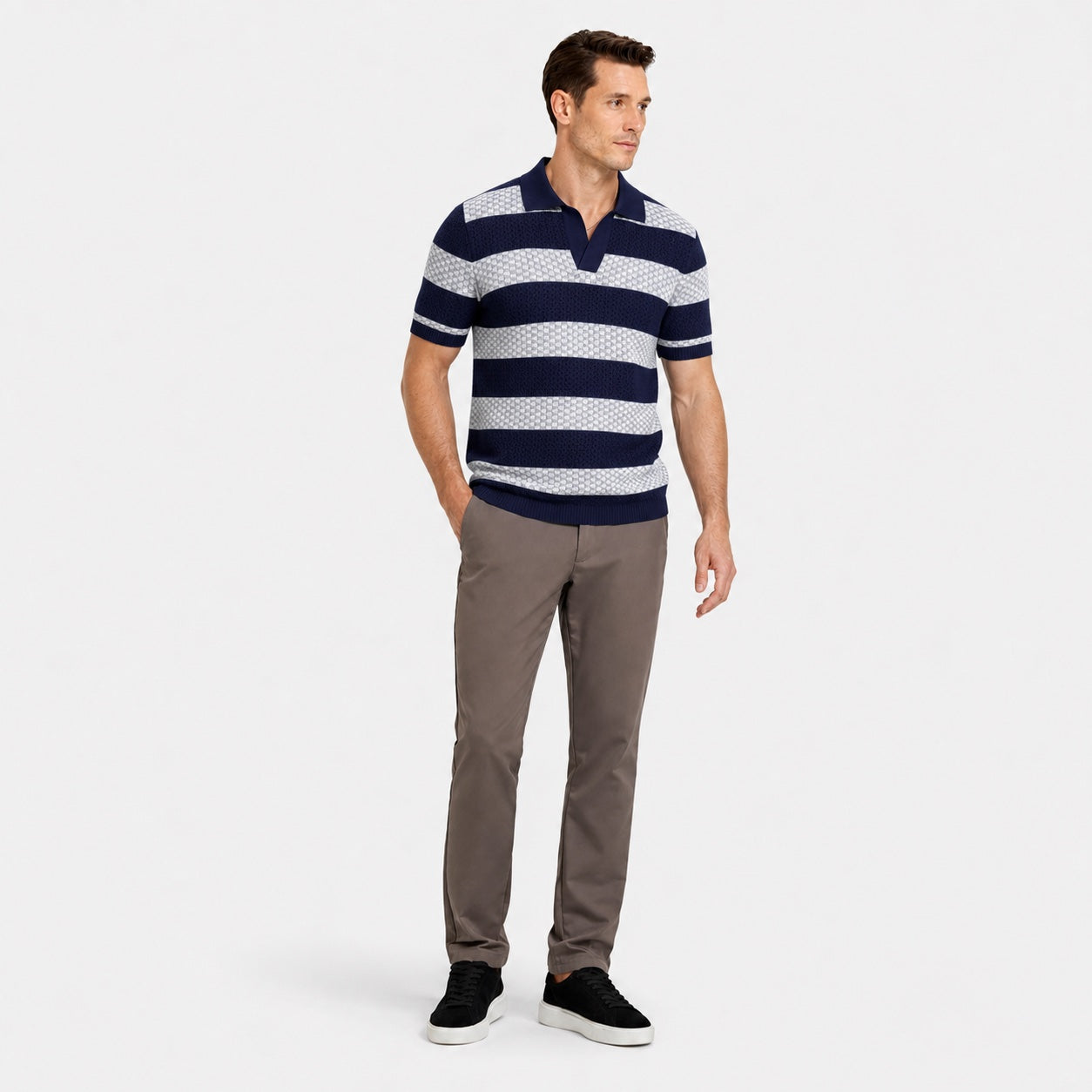 Men's Striped Open-Knit Polo Shirt Short Sleeve Regular Fit - Blue