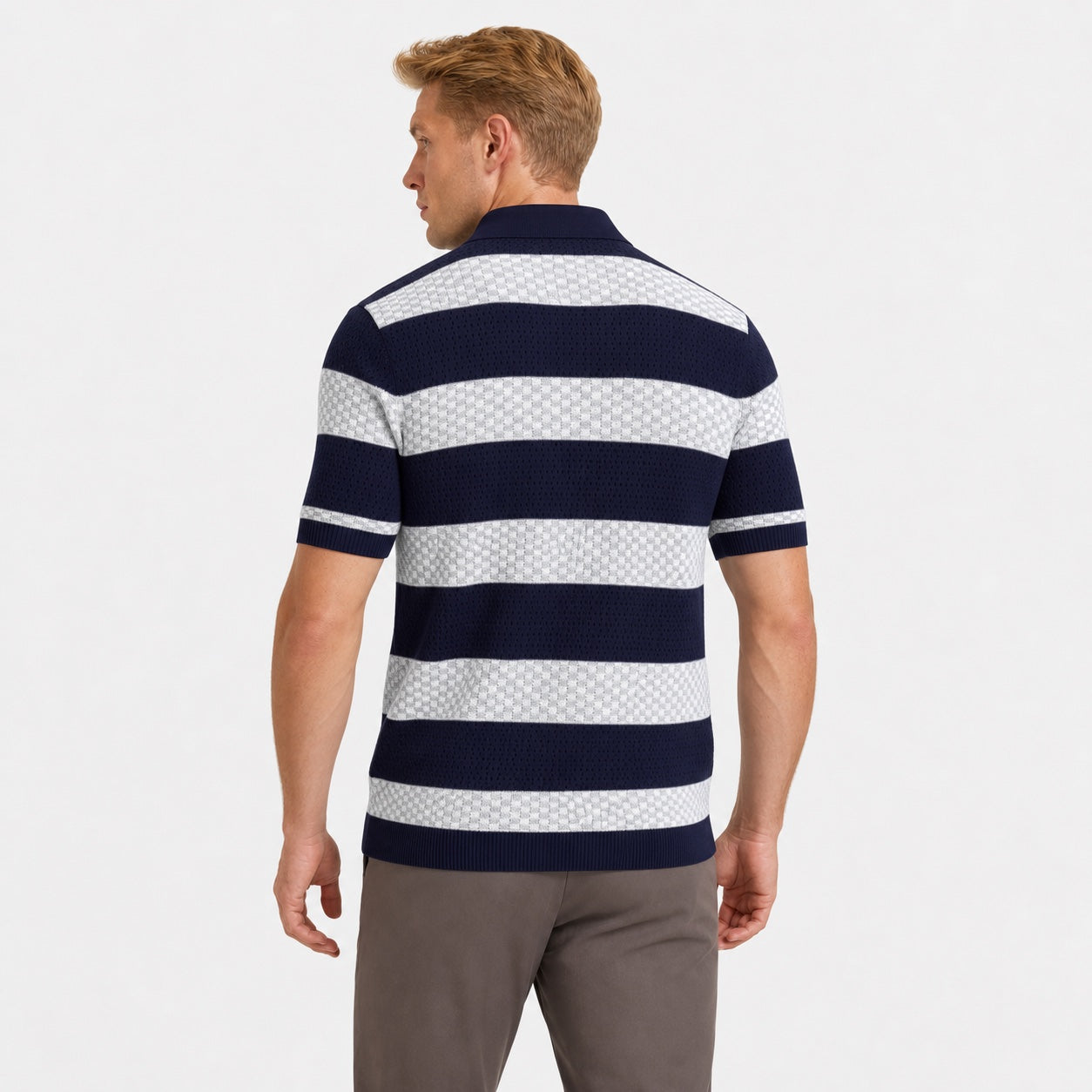 Men's Striped Open-Knit Polo Shirt Short Sleeve Regular Fit - Blue