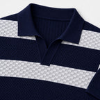 Men's Striped Open-Knit Polo Shirt Short Sleeve Regular Fit - Blue