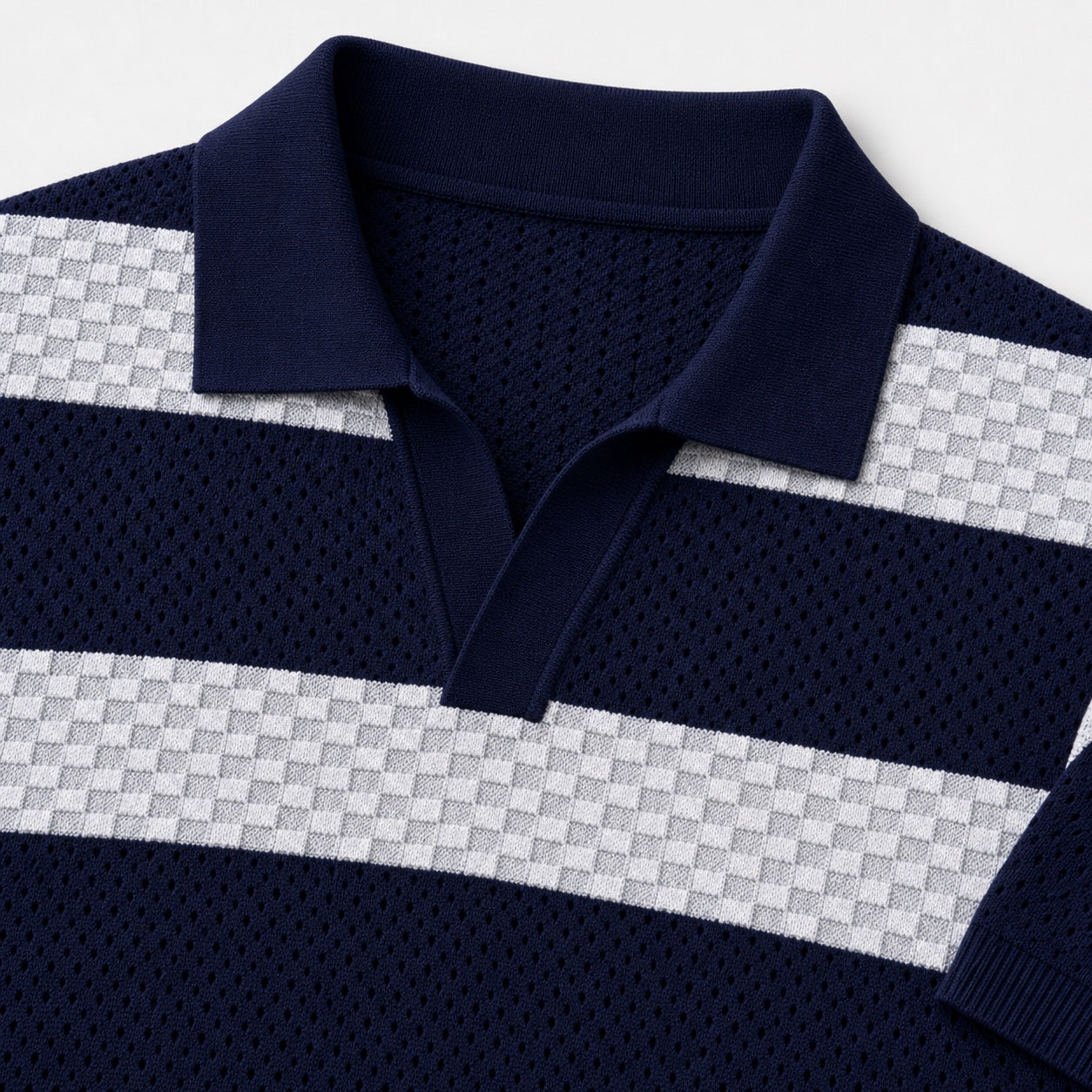Men's Striped Open-Knit Polo Shirt Short Sleeve Regular Fit - Blue