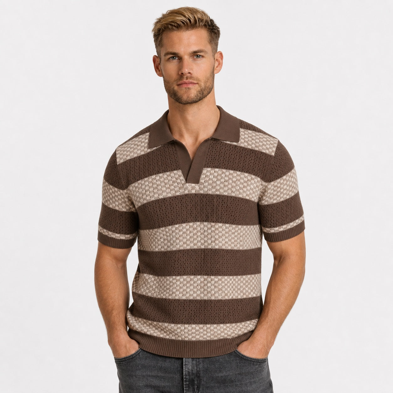 Men's Striped Open-Knit Polo Shirt Short Sleeve Regular Fit - Coffee