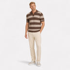 Men's Striped Open-Knit Polo Shirt Short Sleeve Regular Fit - Coffee