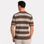 Men's Striped Open-Knit Polo Shirt Short Sleeve Regular Fit - Coffee
