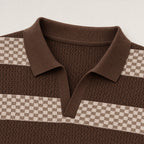 Men's Striped Open-Knit Polo Shirt Short Sleeve Regular Fit - Coffee