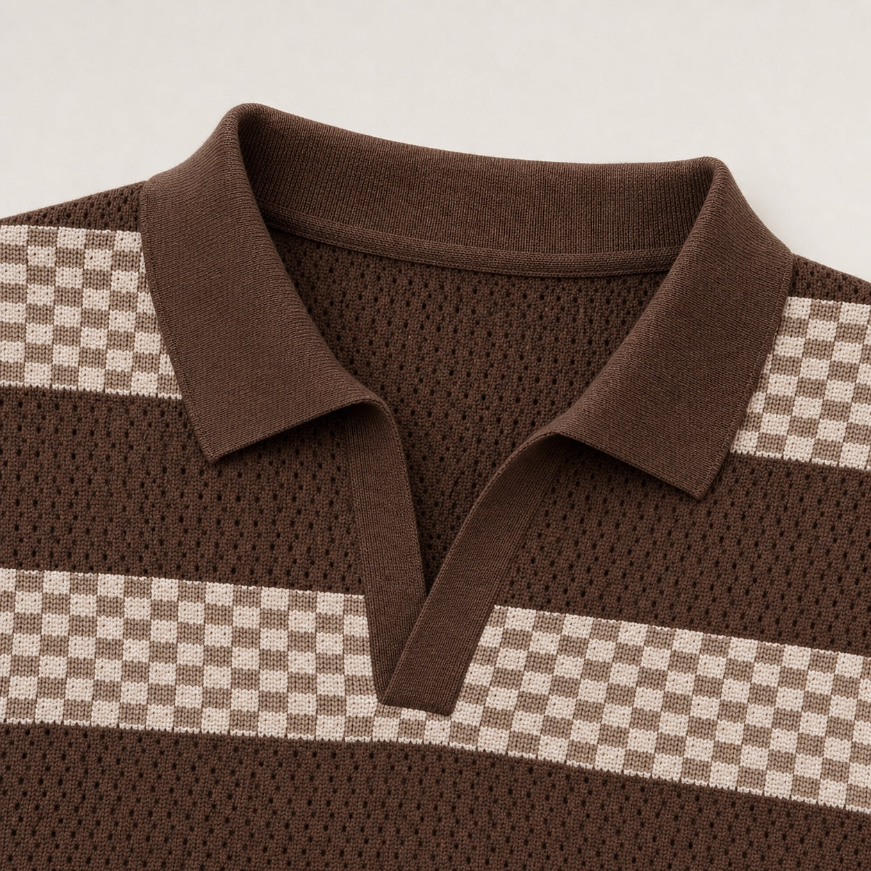 Men's Striped Open-Knit Polo Shirt Short Sleeve Regular Fit - Coffee