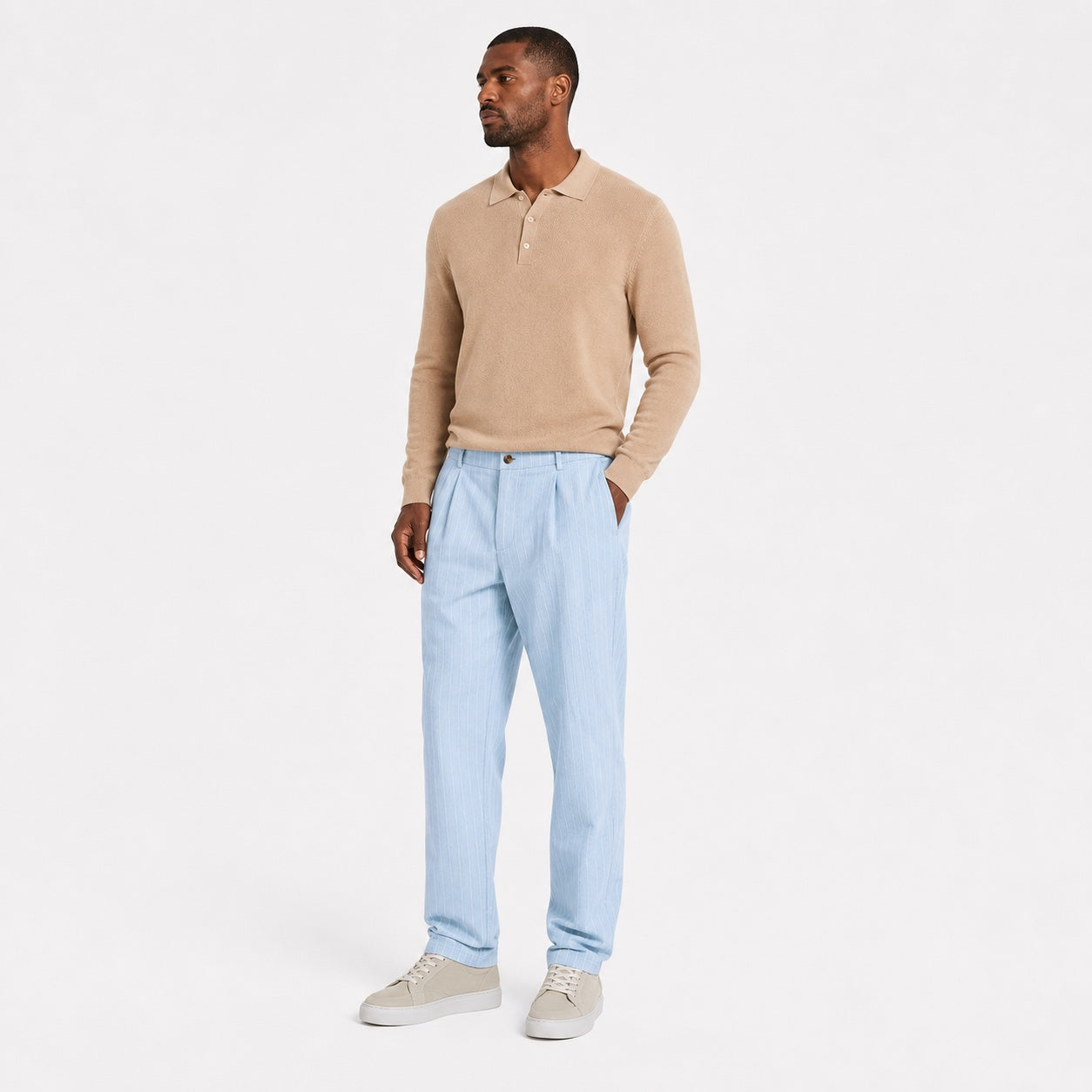 Men's light blue pinstripe pleated trousers full front view