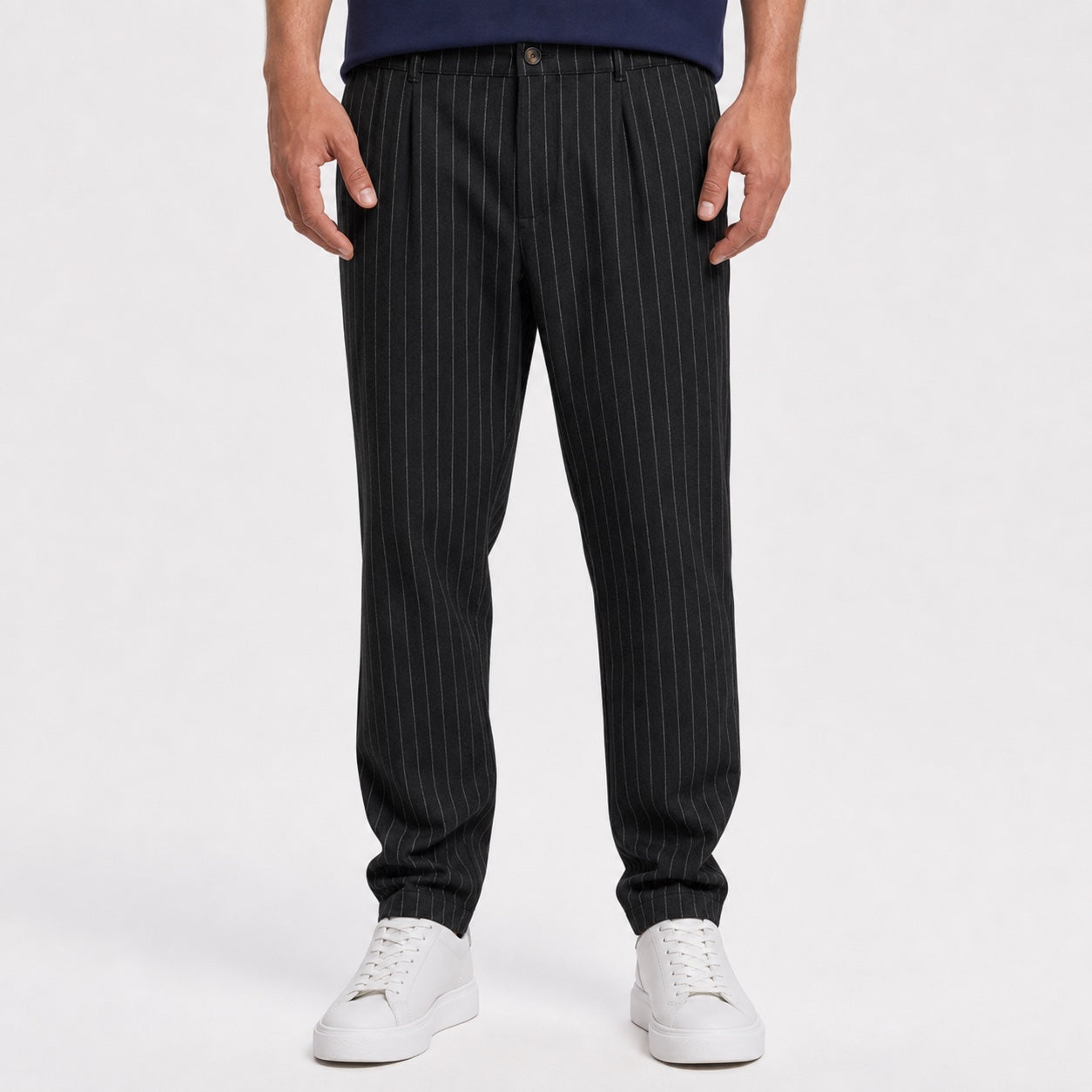 Men's black pinstripe pleated trousers front view
