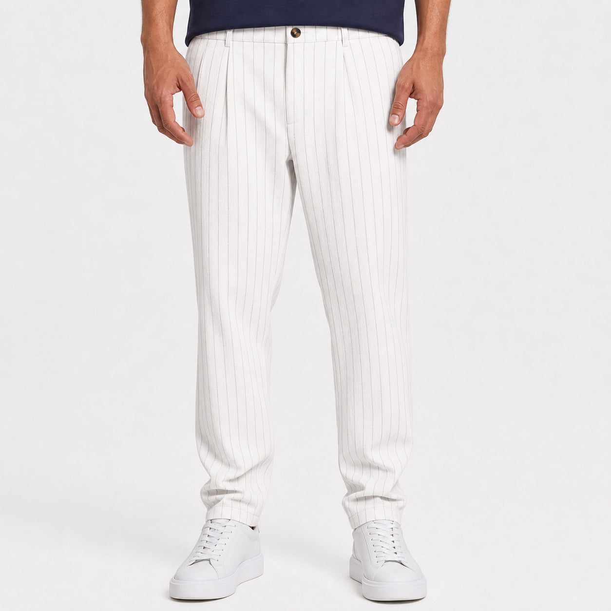 Men's white pinstripe pleated trousers front view