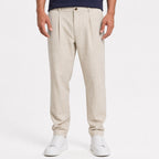 Men's beige pinstripe pleated trousers front view