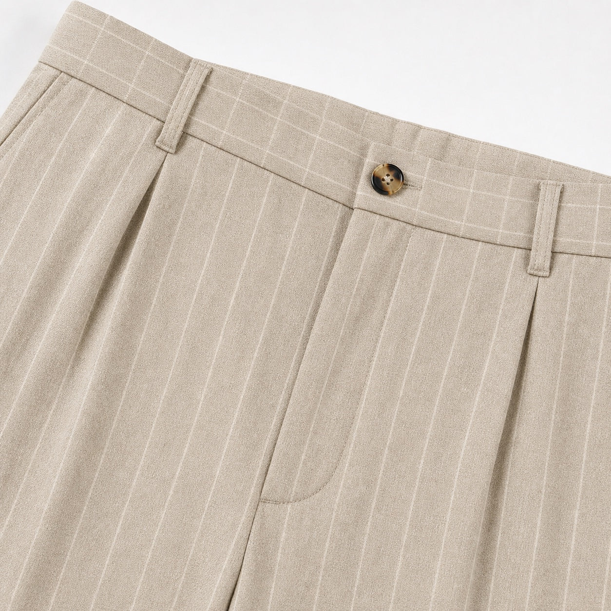 Men's beige pinstripe pleated trousers waistband detail