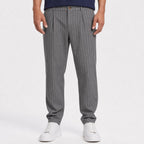 Men's grey pinstripe pleated trousers front view