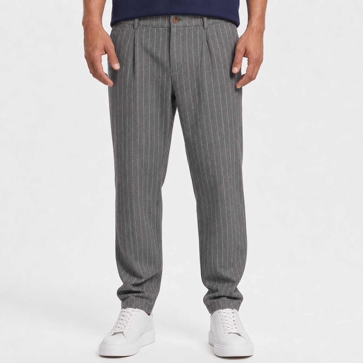 Men's grey pinstripe pleated trousers front view