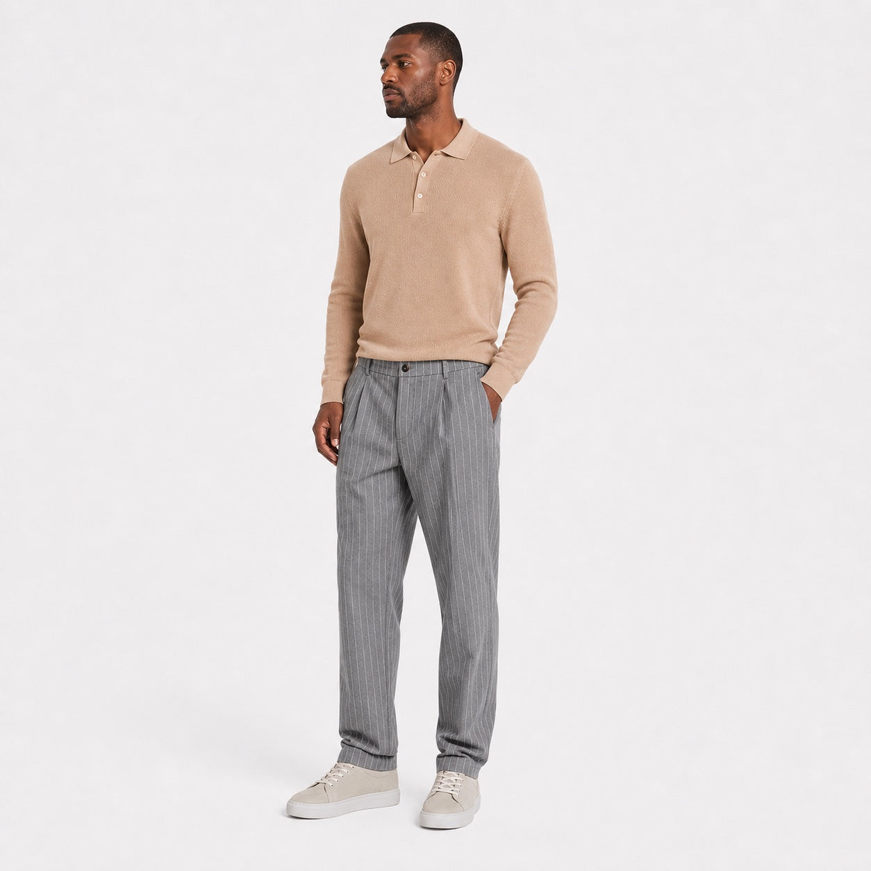 Men's grey pinstripe pleated trousers full front view