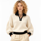 Women's Fluffy Half-Zip Jumper Contrast Trim Relaxed Fit