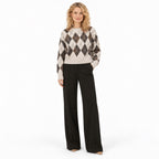 Women's Argyle Knit Jumper Crew Neck Relaxed Fit