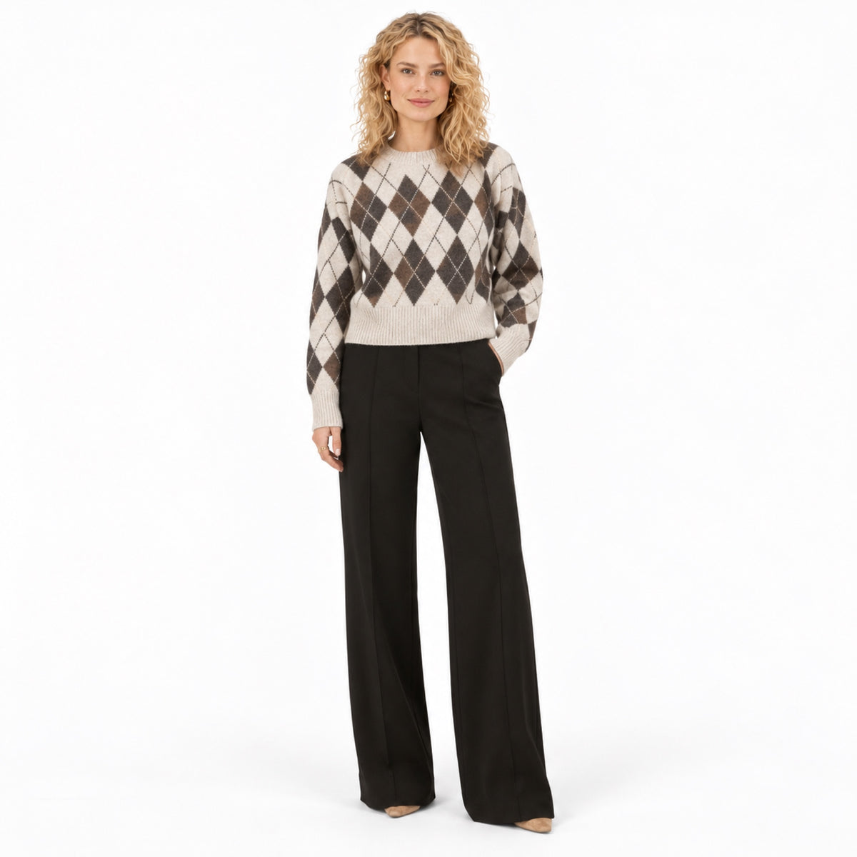 Women's Argyle Knit Jumper Crew Neck Relaxed Fit