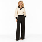 Women's Fluffy Half-Zip Jumper Contrast Trim Relaxed Fit