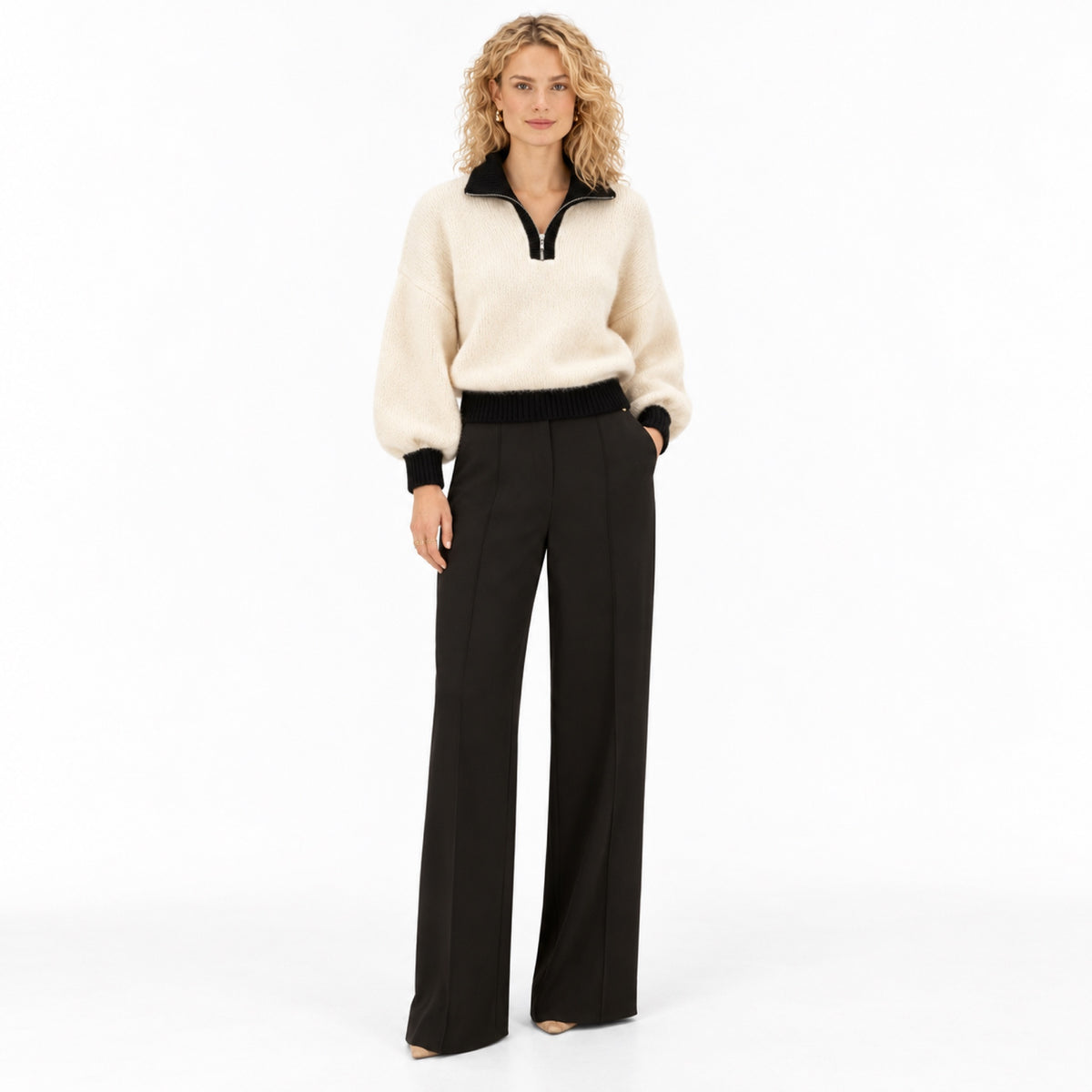 Women's Fluffy Half-Zip Jumper Contrast Trim Relaxed Fit