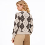 Women's Argyle Knit Jumper Crew Neck Relaxed Fit
