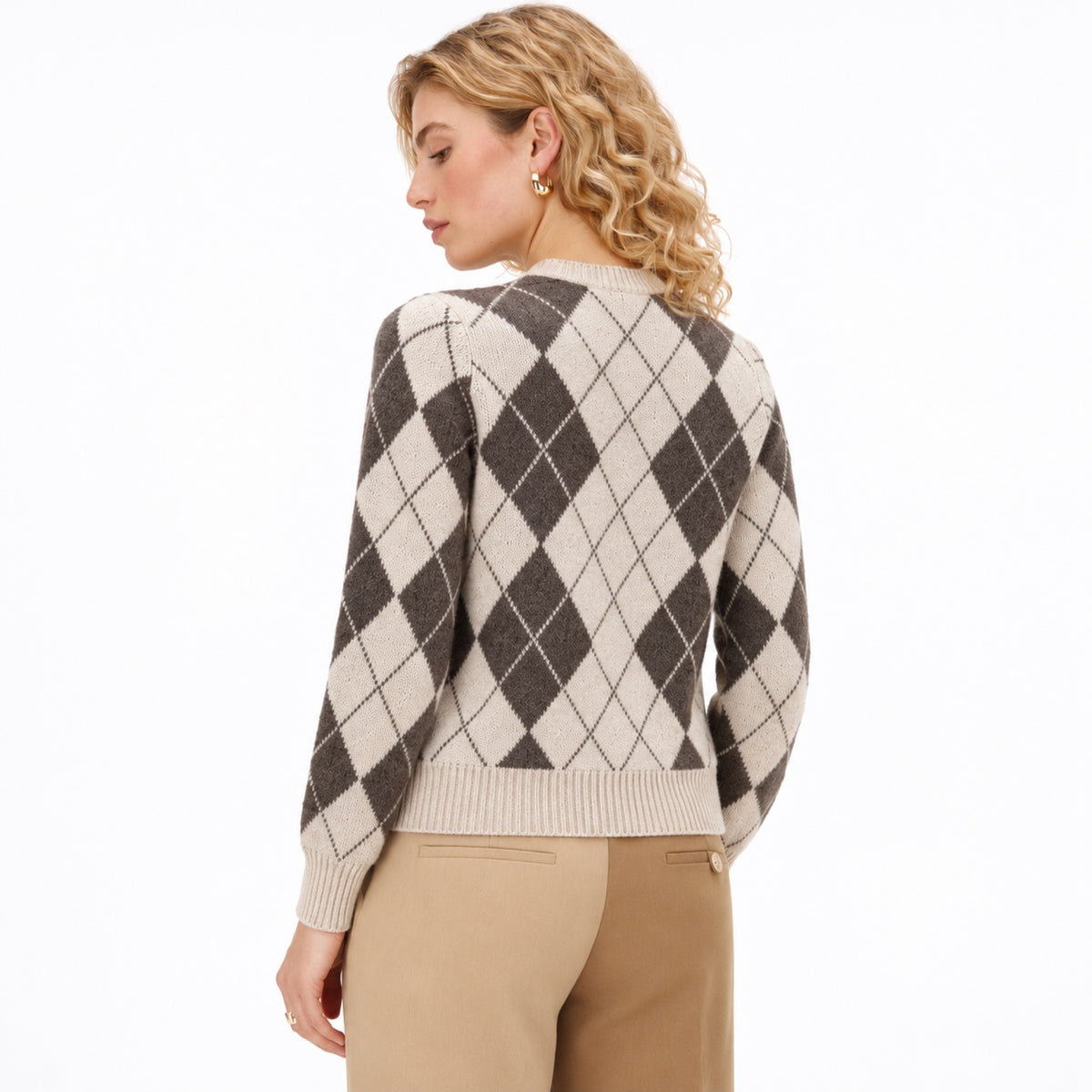 Women's Argyle Knit Jumper Crew Neck Relaxed Fit