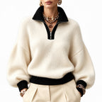 Women's Fluffy Half-Zip Jumper Contrast Trim Relaxed Fit