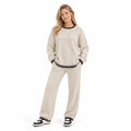 Women's contrast blanket stitch knitted set in Beige - front view