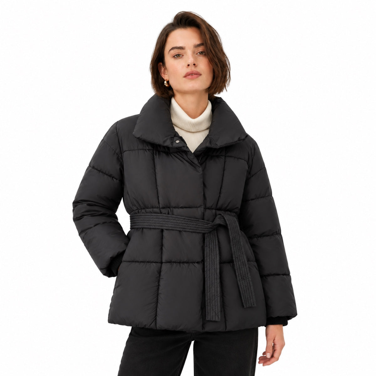 Women's Belted Puffer Jacket Oversized Collar Relaxed Fit