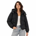 Women's Hooded Puffer Jacket Snap Pockets Relaxed Fit