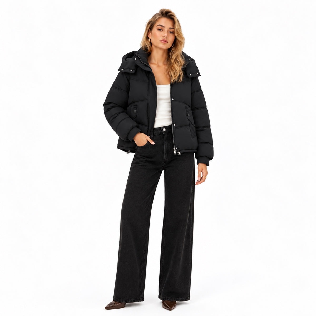 Women's Hooded Puffer Jacket Snap Pockets Relaxed Fit