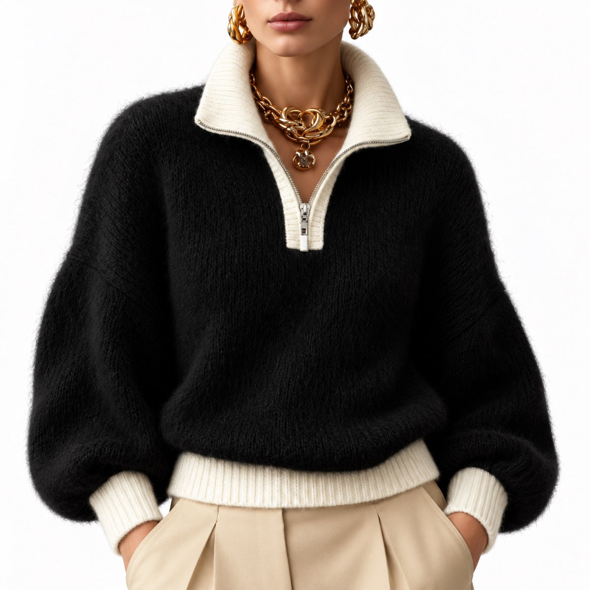 Women's Fluffy Half-Zip Jumper Contrast Trim Relaxed Fit