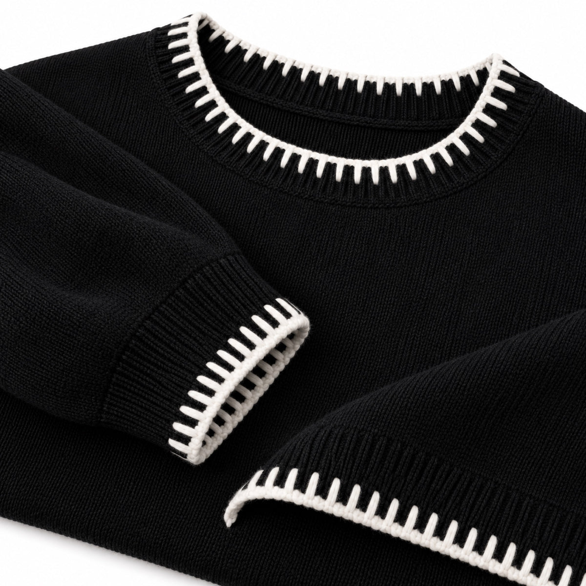 Women's contrast blanket stitch knitted set in Black - stitch detail