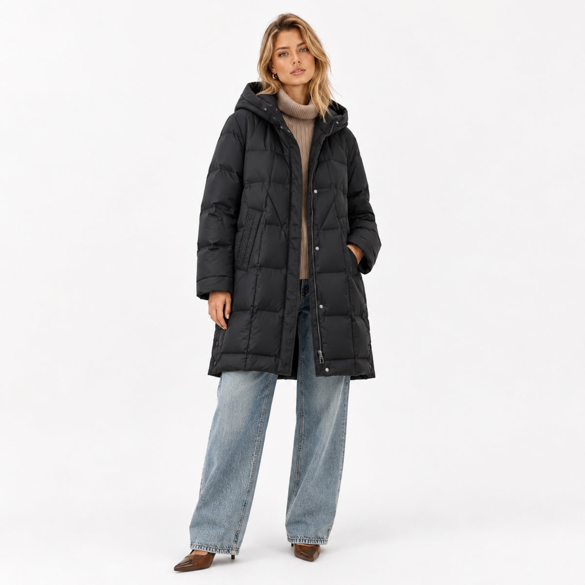 Women’s Longline Puffer Coat Geometric Quilting Hooded