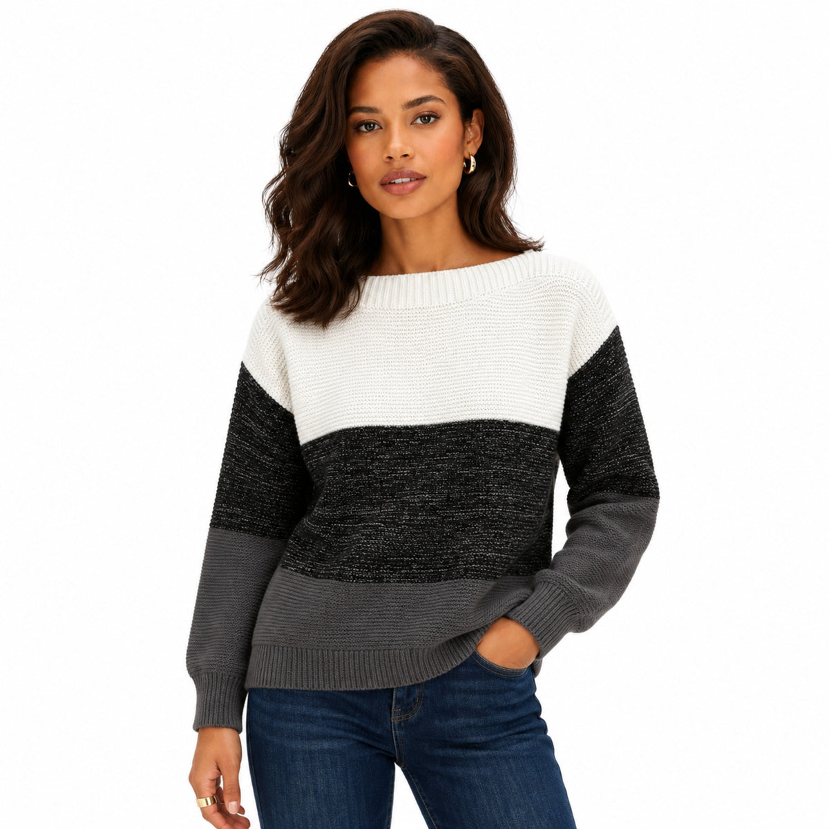 Women's colour block boat neck jumper in Black - front view