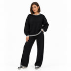 Women's contrast blanket stitch knitted set in Black - front view