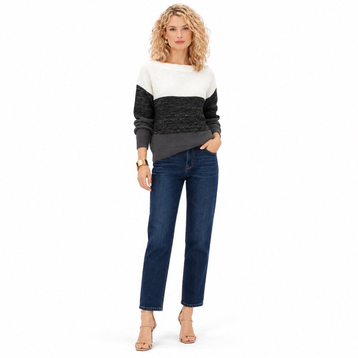 Women's colour block boat neck jumper in Black - full view
