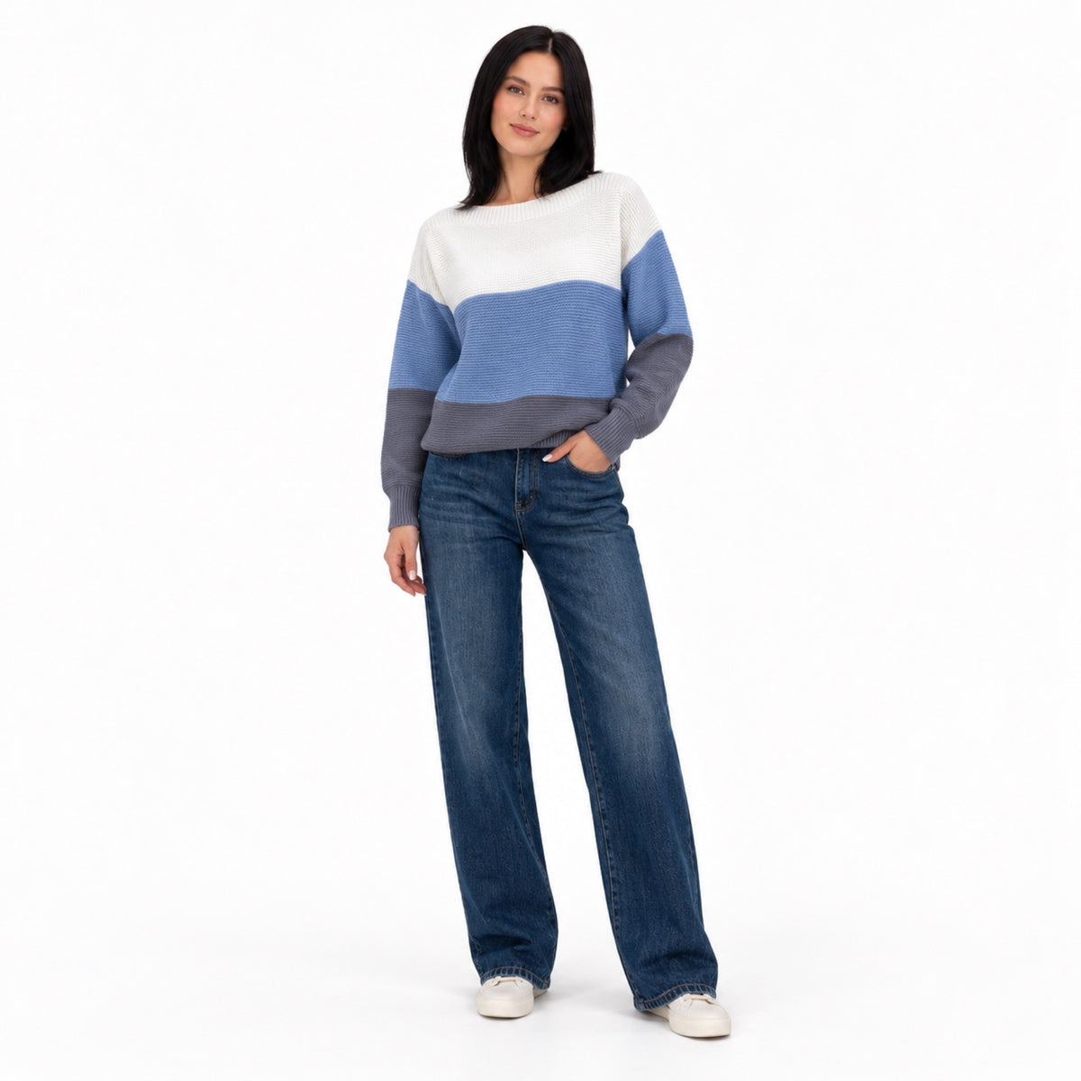 Women's colour block boat neck jumper in Blue - full view