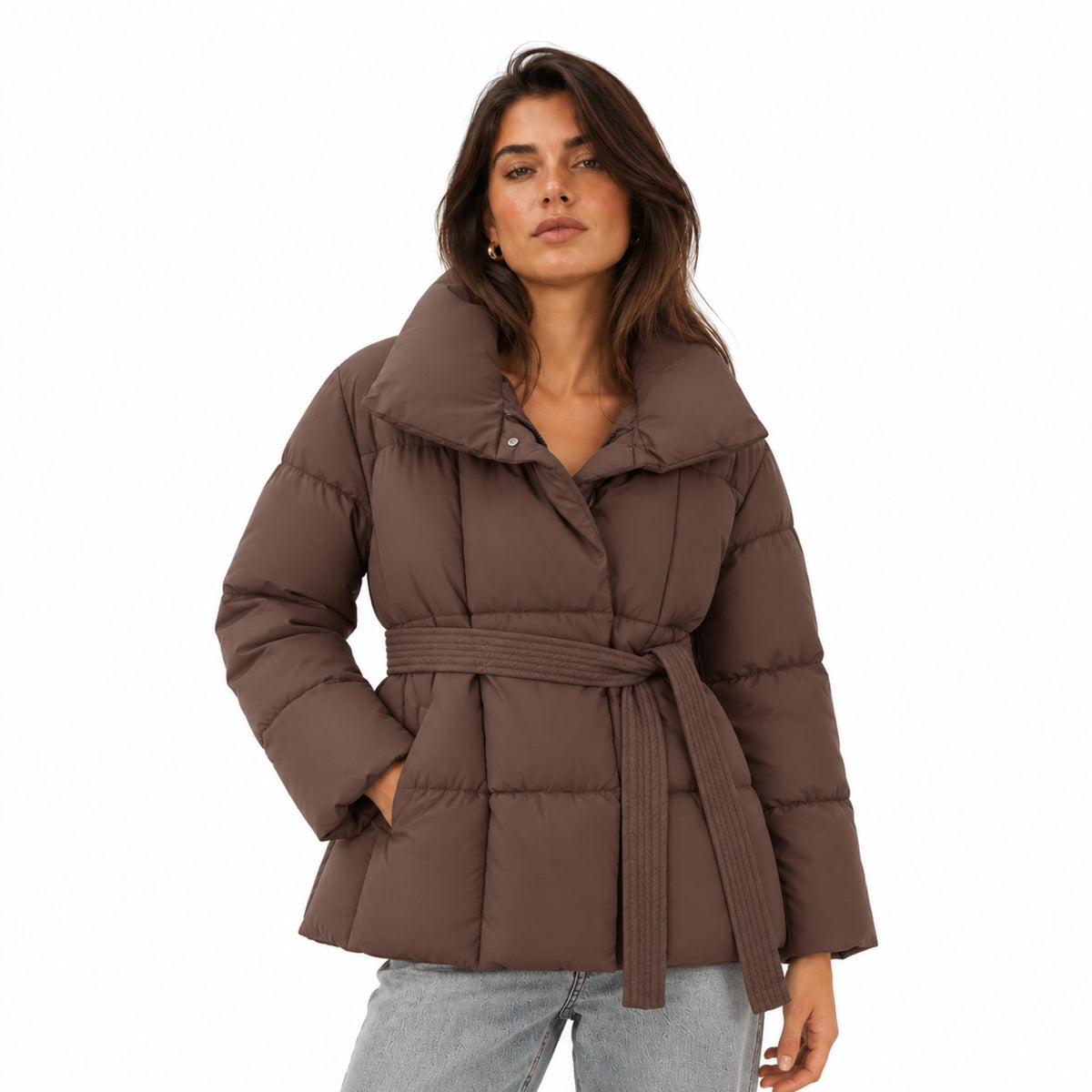 Women's Belted Puffer Jacket Oversized Collar Relaxed Fit
