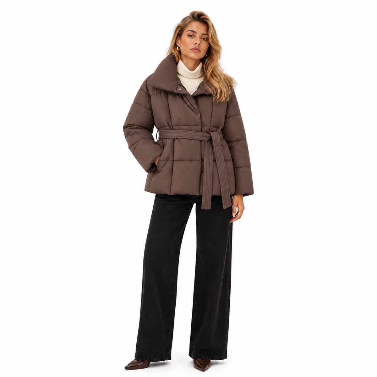 Women's Belted Puffer Jacket Oversized Collar Relaxed Fit