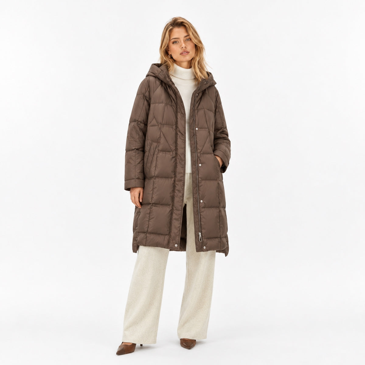 Women’s Longline Puffer Coat Geometric Quilting Hooded
