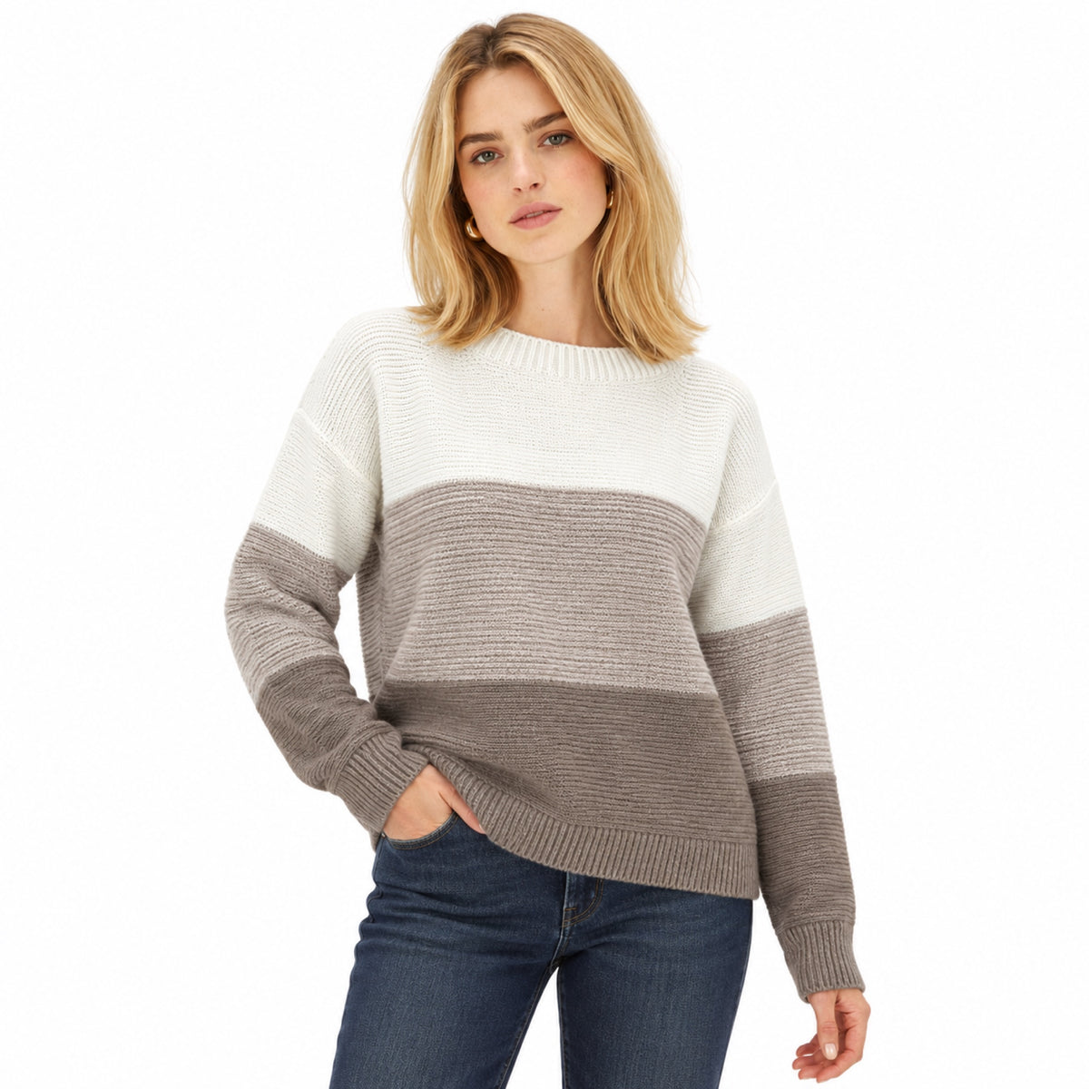 Women's colour block boat neck jumper in Brown - front view