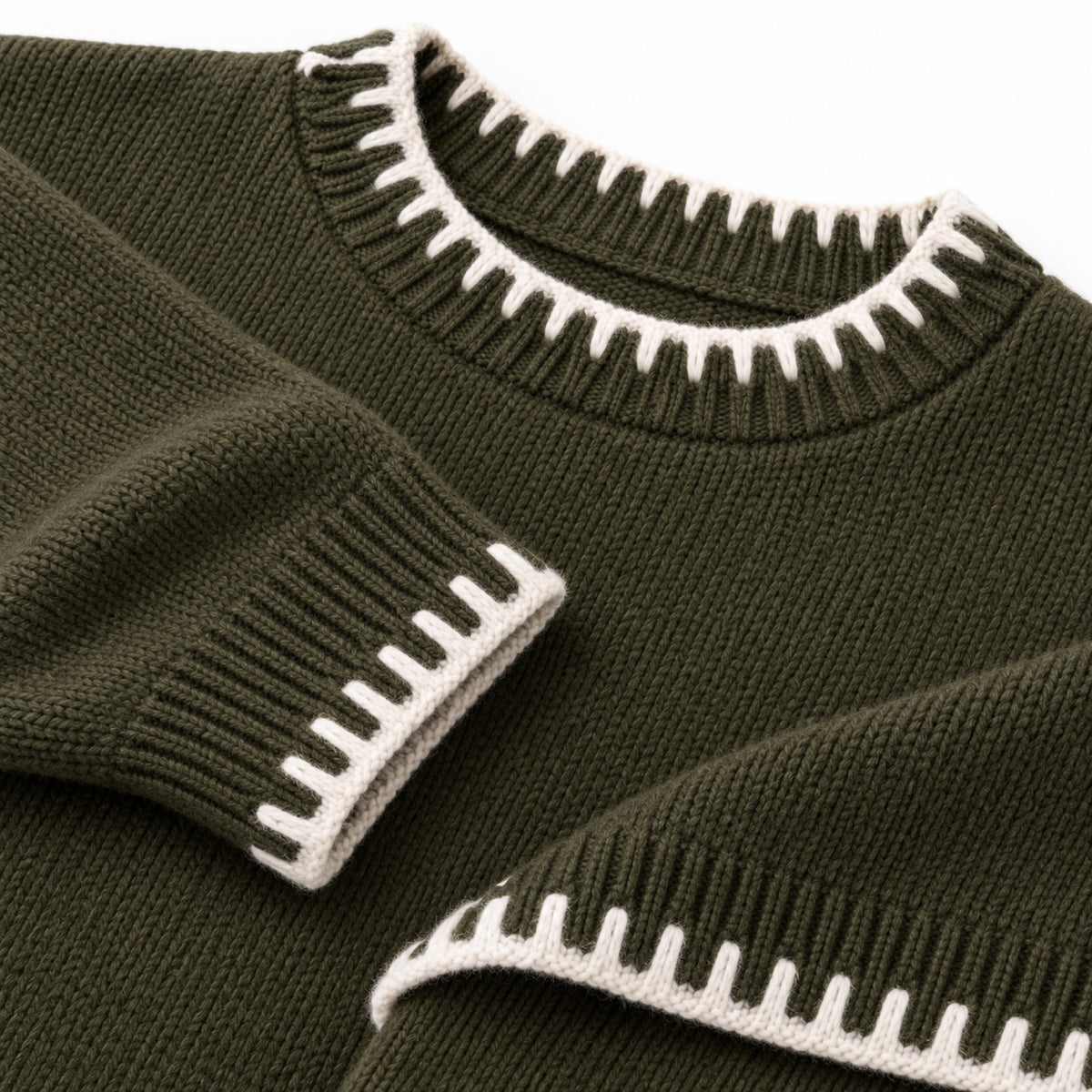 Women's contrast blanket stitch knitted set in Green - stitch detail