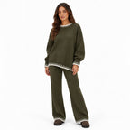 Women's contrast blanket stitch knitted set in Green - front view