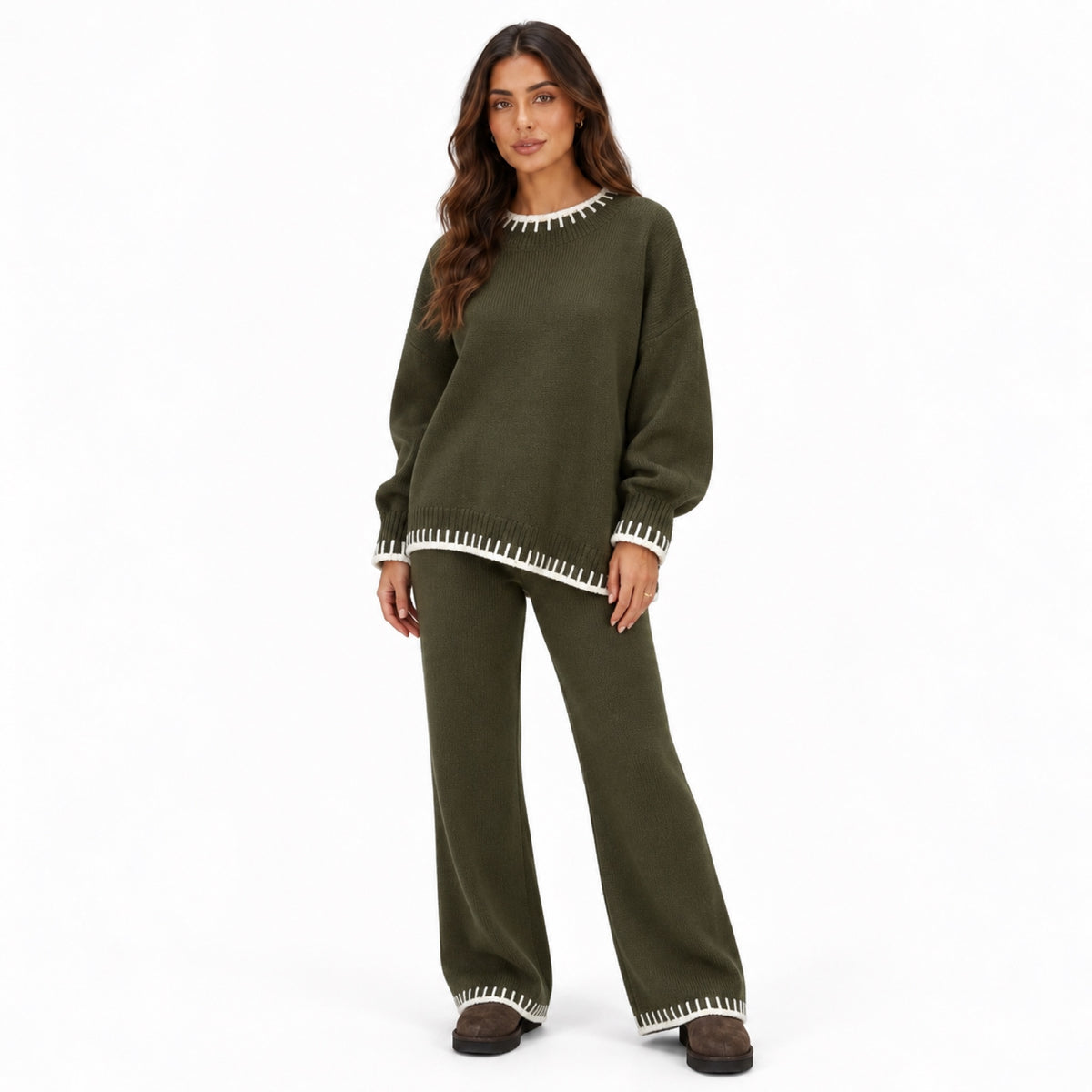 Women's contrast blanket stitch knitted set in Green - front view