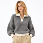 Women's Fluffy Half-Zip Jumper Contrast Trim Relaxed Fit