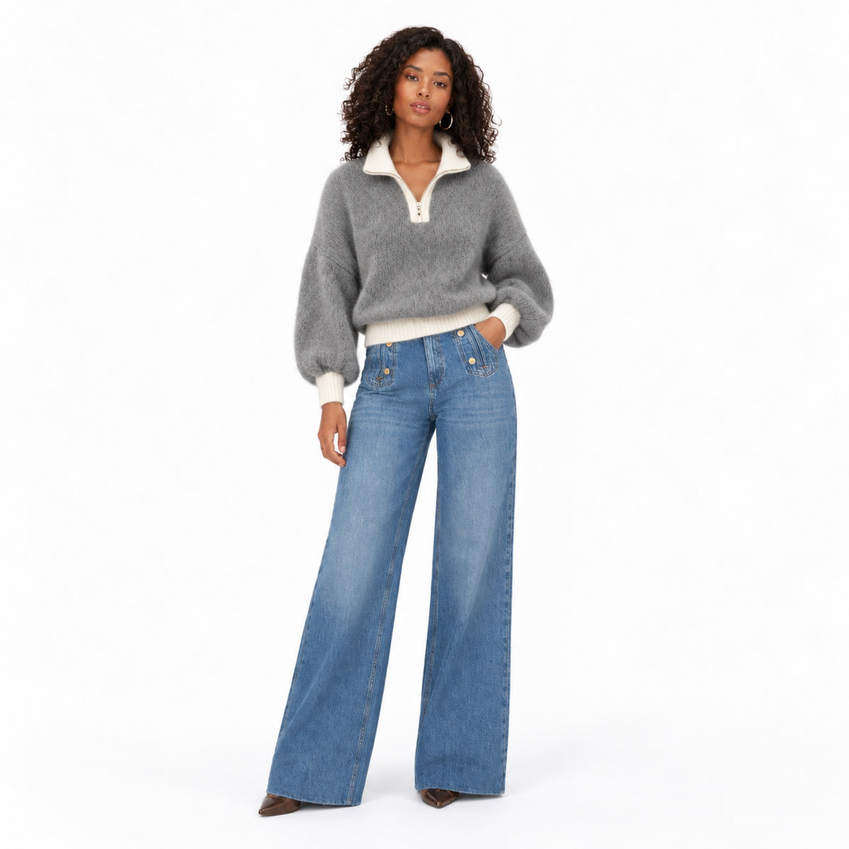 Women's Fluffy Half-Zip Jumper Contrast Trim Relaxed Fit